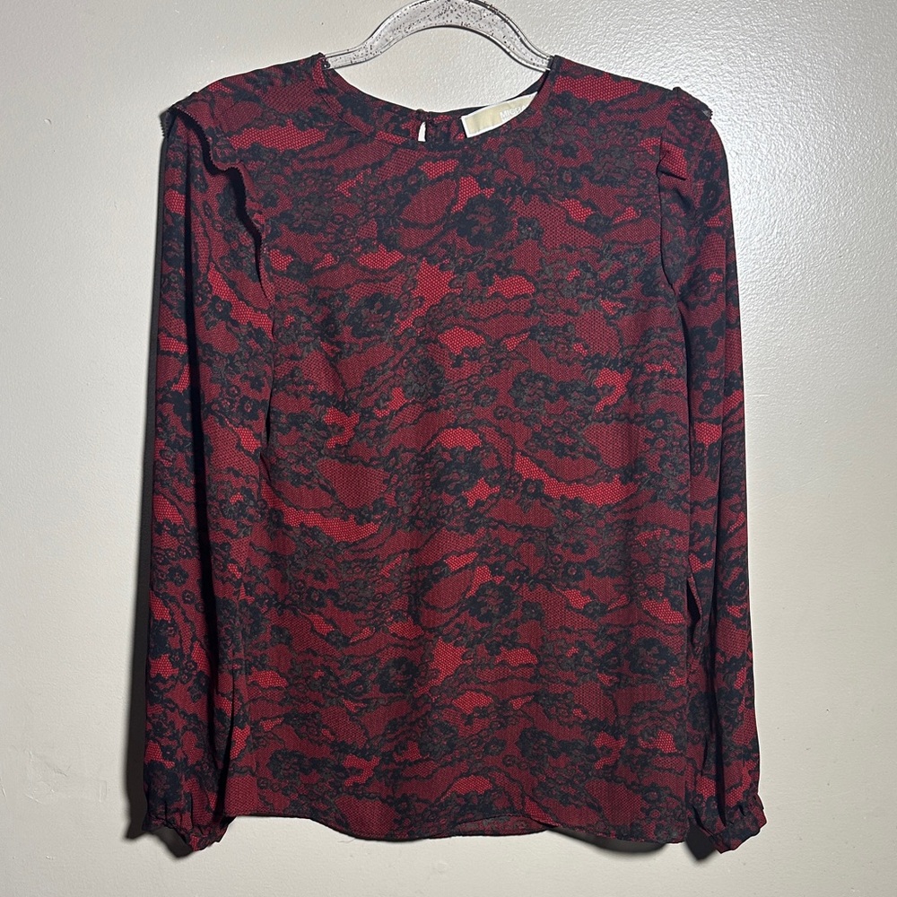 Michael‎ Kors Women’s Small Red Black Lace Print Ruffled Long Sleeved Top